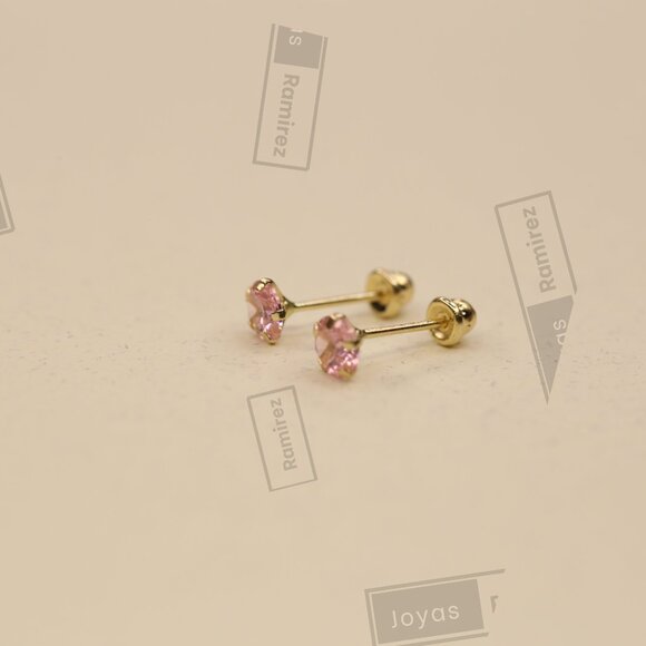 14K Solid Yellow Gold Round Pink CZ Stud Earrings • 4mm Feminine Elegant Design. - Picture 4 of 8